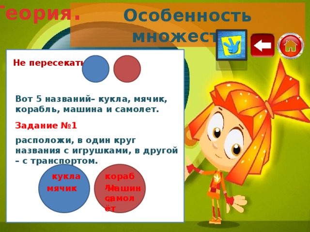 Теория . Особенность множеств. Не пересекаться Вот 5 названий– кукла, мячик, корабль, машина и самолет. Задание №1 расположи, в один круг названия с игрушками, в другой – с транспортом. кукла корабль мячик машина самолёт 