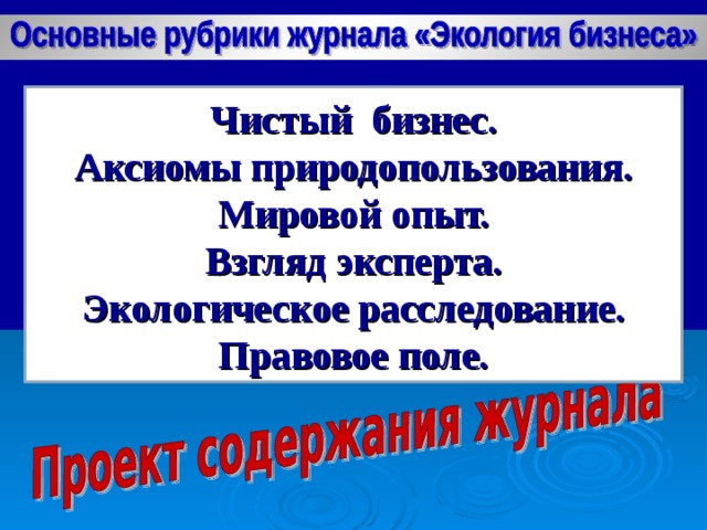 Чистый бизнес. Аксиомы природопользования. Мировой опыт. Взгляд эксперта. Экологическое расследование. Правовое поле.  