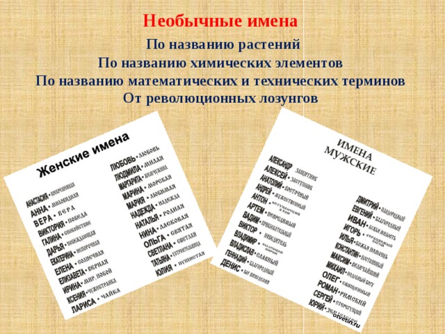 Необычные имена  По названию растений По названию химических элементов По названию математических и технических терминов От революционных лозунгов 