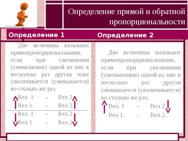 Определение прямой и обратной пропорциональности Определение 1 Определение 2 Две величины называют прямопропорциональными, если при увеличении (уменьшении) одной из них в несколько раз другая тоже увеличивается (уменьшается) во столько же раз. Две величины называют прямопропорциональными, если при увеличении (уменьшении) одной из них в несколько раз другая уменьшается (увеличивается) во столько же раз. Вел. 1 - Вел 2 Вел. 1 - Вел 2 Вел 1. - Вел 2. Вел 1. - Вел 2. Вел. 1 - Вел 2 Вел 1. - Вел 2.  