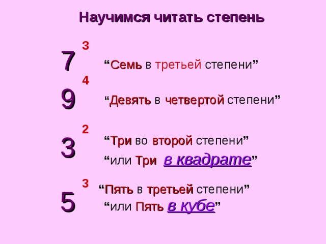 Научимся читать степень 3 7 “ Семь  в  третьей  степени ” 4 9 “ Девять  в  четвертой  степени ” 2 3 “ Три  во  второй  степени ” “ или  Три   в квадрате ” 3 “ Пять  в  третьей  степени ” 5 “ или  Пять  в кубе ” 