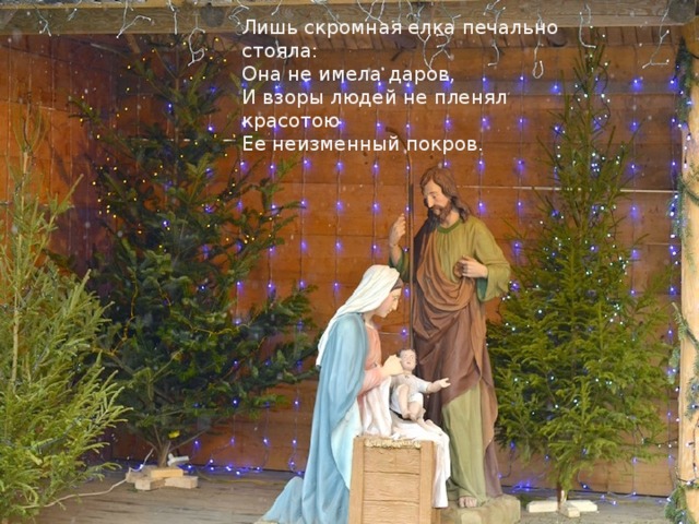 Лишь скромная елка печально стояла:   Она не имела даров,   И взоры людей не пленял красотою   Ее неизменный покров.    