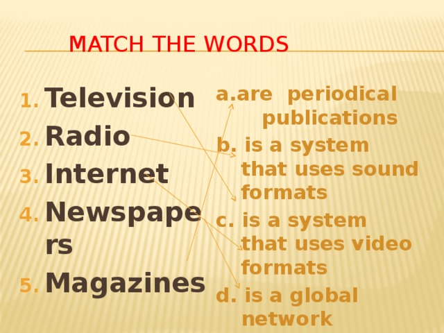  Match the words  a.are periodical publications b. is a system that uses sound formats c. is a system that uses video formats d. is a global network e. are daily or weekly publications Television Radio Internet Newspapers Magazines 