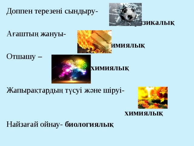 Доппен терезені сындыру-  физикалық Ағаштың жануы-  химиялық Отшашу –  химиялық Жапырақтардың түсуі және шіруі-  химиялық Найзағай ойнау- биологиялық 