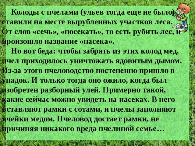  Колоды с пчелами (ульев тогда еще не было) ставили на месте вырубленных участков леса. От слов «сечь», «посекать», то есть рубить лес, и произошло название «пасека».   Но вот беда: чтобы забрать из этих колод мед, пчел приходилось уничтожать ядовитым дымом. Из-за этого пчеловодство постепенно пришло в упадок. И только тогда оно ожило, когда был изобретен разборный улей. Примерно такой, какие сейчас можно увидеть на пасеках. В него вставляют рамки с сотами, и пчелы заполняют ячейки медом. Пчеловод достает рамки, не причиняя никакого вреда пчелиной семье… 