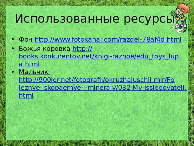 Использованные ресурсы: Фон http://www.fotokanal.com/razdel-78af4d.html Божья коровка http:// books.konkurentov.net/knigi-raznoe/edu_toys_lupa.html Мальчик http://900igr.net/fotografii/okruzhajuschij-mir/Poleznye-iskopaemye-i-mineraly/032-My-issledovateli.html 