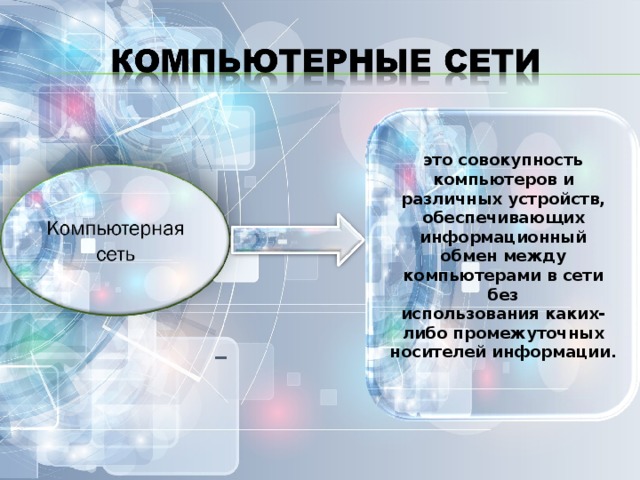 Совокупность компьютеров между которыми возможен информационный обмен без промежуточных носителей