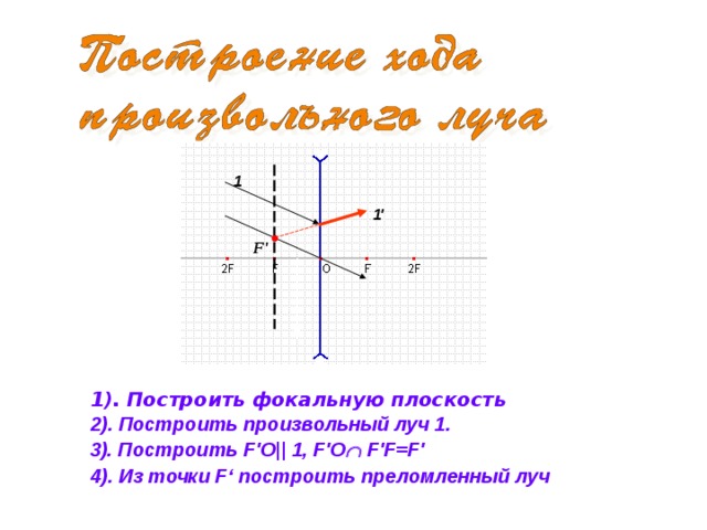 1 1' F' 1). Построить фокальную плоскость 2). Построить произвольный луч 1. 3). Построить F'O|| 1, F'O F'F=F' 4). Из точки F‘ построить преломленный луч