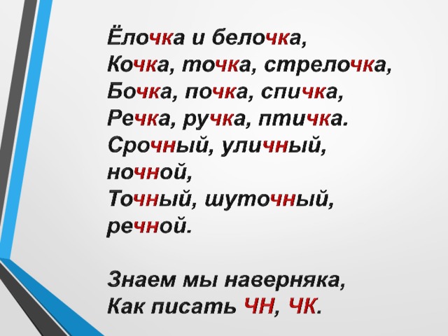 Правописание сочетаний ЧК, ЧТ, ЧН, НЧ, НЩ, ЩН, РЩ | 5 класс