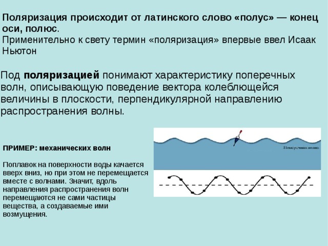 Поляризация происходит от латинского слово «полус» — конец оси, полюс . Применительно к свету термин «поляризация» впервые ввел Исаак Ньютон Под поляризацией понимают характеристику поперечных волн, описывающую поведение вектора колеблющейся величины в плоскости, перпендикулярной направлению распространения волны. ПРИМЕР: механических волн Поплавок на поверхности воды качается вверх вниз, но при этом не перемещается вместе с волнами. Значит, вдоль направления распространения волн перемещаются не сами частицы вещества, а создаваемые ими возмущения.