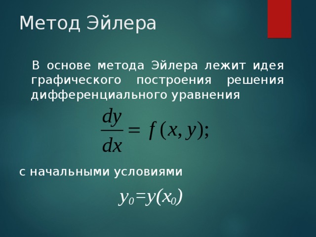 Метод Эйлера  В основе метода Эйлера лежит идея графического построения решения дифференциального уравнения c начальными условиями y 0 =y(x 0 ) 