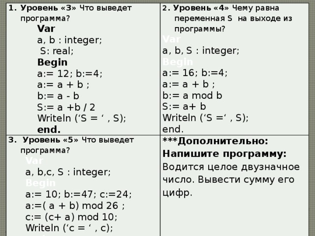 Написать программу Вводится две стороны прямоугольного треугольника. Вычислить его периметр и площадь. Var a, b : integer; c, P,S: real; Begin Read (a, b); 