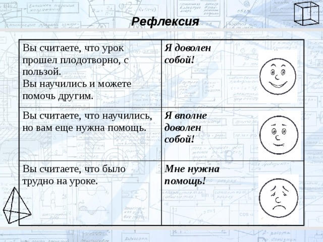 Рефлексия Вы считаете, что урок прошел плодотворно, с пользой. Вы научились и можете помочь другим. Я доволен Вы считаете, что научились, но вам еще нужна помощь. собой! Я вполне Вы считаете, что было трудно на уроке. доволен Мне нужна собой! помощь! 