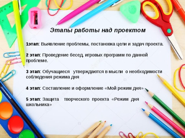  Этапы работы над проектом  1этап : Выявление проблемы, постановка цели и задач проекта.  2 этап : Проведение бесед, игровых программ по данной проблеме.  3 этап : Обучащиеся утверждаются в мысли о необходимости соблюдения режима дня  4 этап : Составление и оформление « Мой режим дня »  5 этап : Защита творческого проекта « Режим дня школьника »  