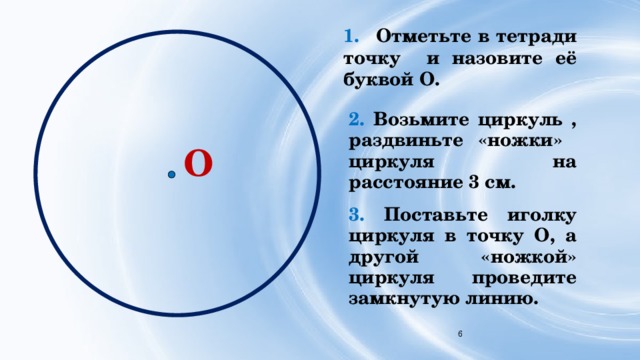 1.  Отметьте в тетради точку и назовите её буквой О. 2. Возьмите циркуль , раздвиньте «ножки» циркуля на расстояние 3 см. О 3. Поставьте иголку циркуля в точку О, а другой «ножкой» циркуля проведите замкнутую линию. 6 