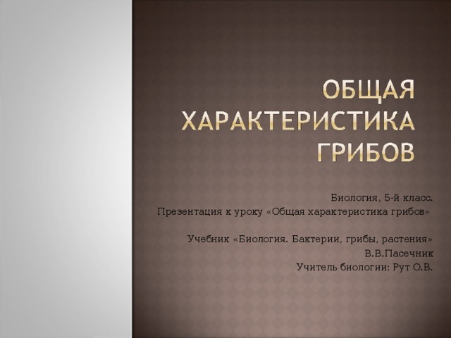 Биология, 5-й класс. Презентация к уроку «Общая характеристика грибов» Учебник «Биология. Бактерии, грибы, растения» В.В.Пасечник Учитель биологии: Рут О.В.