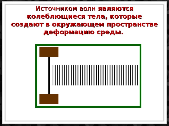 Источником волн являются колеблющиеся тела, которые создают в окружающем пространстве деформацию среды. 