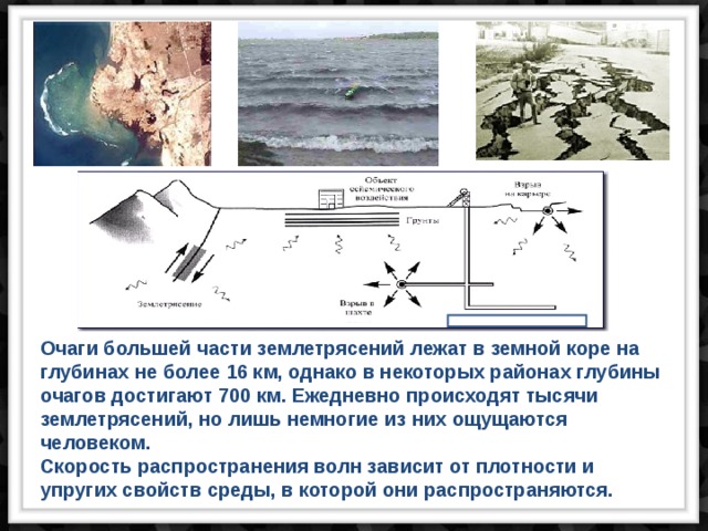 Очаги большей части землетрясений лежат в земной коре на глубинах не более 16 км, однако в некоторых районах глубины очагов достигают 700 км. Ежедневно происходят тысячи землетрясений, но лишь немногие из них ощущаются человеком. Скорость распространения волн зависит от плотности и упругих свойств среды, в которой они распространяются. 