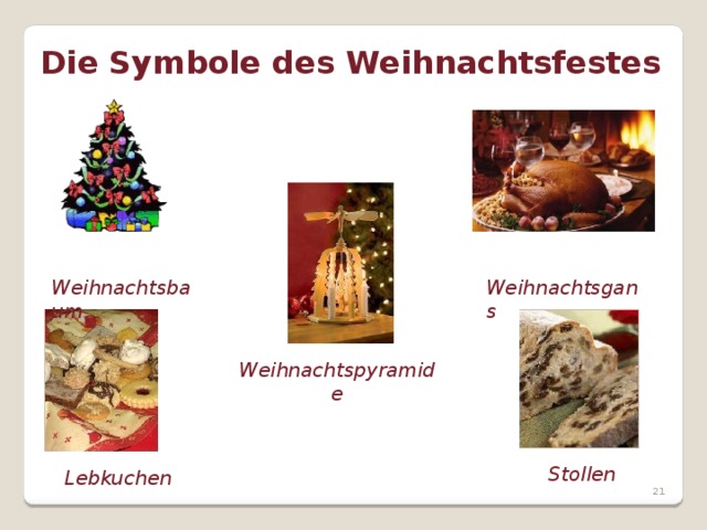 Die Symbole des Weihnachtsfestes  Weihnachtsbaum  Weihnachtsgans Weihnachtspyramide  Lebkuchen Stollen  