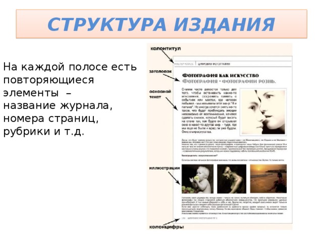 СТРУКТУРА ИЗДАНИЯ На каждой полосе есть повторяющиеся элементы – название журнала, номера страниц, рубрики и т.д. 