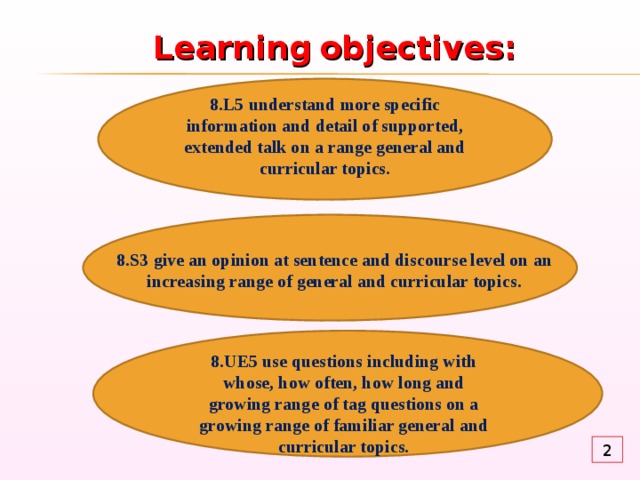 Learning  objectives :  8.L5 understand more specific information and detail of supported, extended talk on a range general and curricular topics. 8.S3 give an opinion at sentence and discourse level on an increasing range of general and curricular topics. 8.UE5 use questions including with whose, how often, how long and growing range of tag questions on a growing range of familiar general and curricular topics. 2 