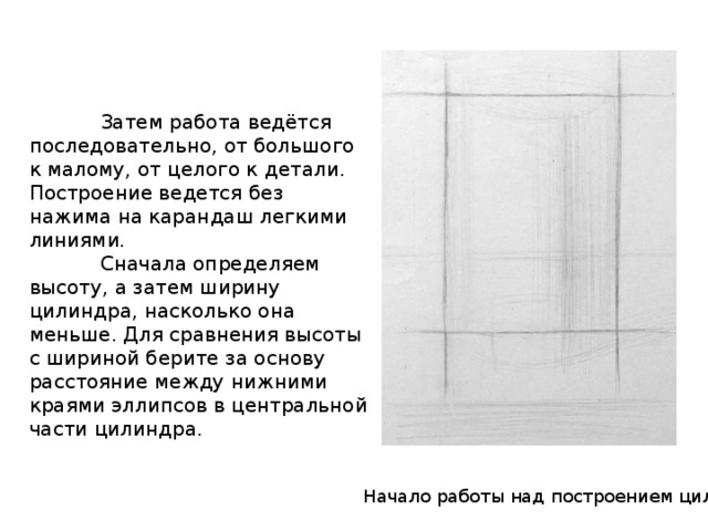  Затем работа ведётся последовательно, от большого к малому, от целого к детали. Построение ведется без нажима на карандаш легкими линиями.  Сначала определяем высоту, а затем ширину цилиндра, насколько она меньше. Для сравнения высоты с шириной берите за основу расстояние между нижними краями эллипсов в центральной части цилиндра. Начало работы над построением цилиндра 