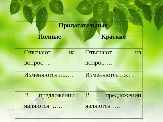 Прилагательные Полные Краткие Отвечают на вопрос…. Отвечают на вопрос…. Изменяются по…. Изменяются по…. В предложении являются ….. В предложении являются ….  