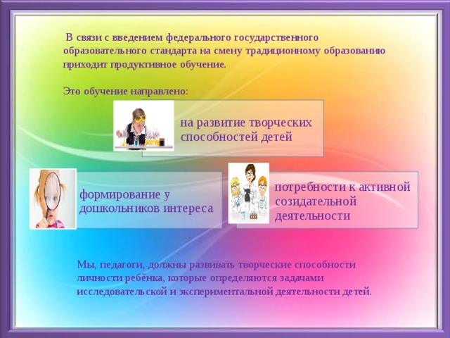  В связи с введением федерального государственного образовательного стандарта на смену традиционному образованию приходит продуктивное обучение. Это обучение направлено: на развитие творческих способностей детей формирование у дошкольников интереса потребности к активной созидательной деятельности Мы, педагоги, должны развивать творческие способности личности ребёнка, которые определяются задачами исследовательской и экспериментальной деятельности детей. 