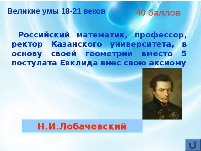 Великие умы 18-21 веков 40 баллов  Российский математик, профессор, ректор Казанского университета, в основу своей геометрии вместо 5 постулата Евклида внес свою аксиому Н.И.Лобачевский 