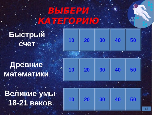 ВЫБЕРИ КАТЕГОРИЮ Быстрый счет 10 20 50 40 30 50 40 30 20 10 Древние математики Великие умы 18-21 веков 10 20 30 40 50 