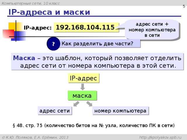 Для каждого приведённого адреса определите номер сети, номер узла, наибольшее во