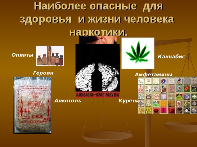 Наиболее опасные для здоровья и жизни человека наркотики. Опиаты Каннабис  Героин  Амфетамины  Алкоголь Курение 