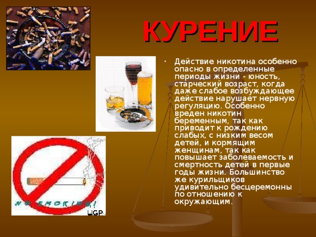 КУРЕНИЕ Действие никотина особенно опасно в определенные периоды жизни - юность, старческий возраст, когда даже слабое возбуждающее действие нарушает нервную регуляцию. Особенно вреден никотин беременным, так как приводит к рождению слабых, с низким весом детей, и кормящим женщинам, так как повышает заболеваемость и смертность детей в первые годы жизни. Большинство же курильщиков удивительно бесцеремонны по отношению к окружающим. 