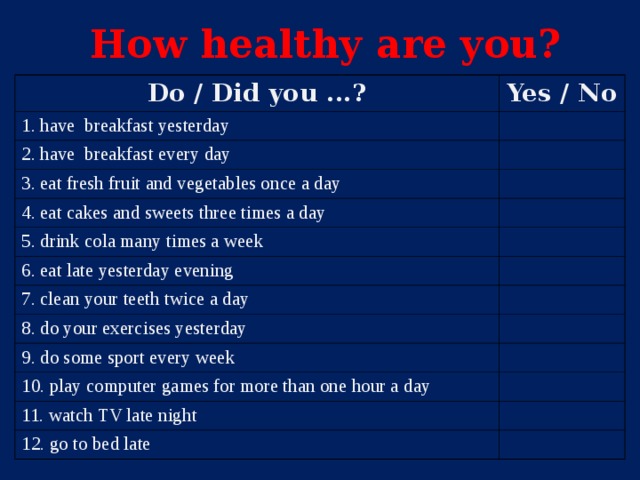 How healthy are you? Do / Did you ...? Yes / No 1. have breakfast yesterday 2. have breakfast every day 3. eat fresh fruit and vegetables once a day 4. eat cakes and sweets three times a day 5. drink cola many times a week 6. eat late yesterday evening 7. clean your teeth twice a day 8. do your exercises yesterday 9. do some sport every week 10. play computer games for more than one hour a day 11. watch TV late night 12. go to bed late 