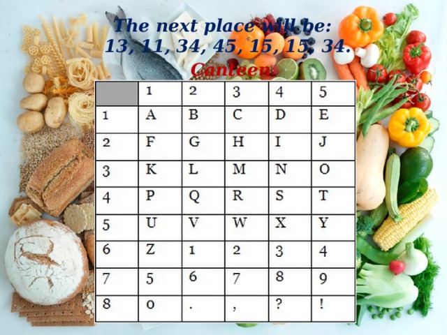 The next place will be:   13, 11, 34, 45, 15, 15, 34. Canteen 