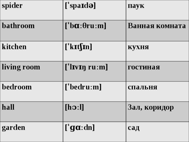 spider [ˈspaɪdə] bathroom паук [ˈbɑːθruːm] kitchen living room Ванная комната [ˈkɪtʃɪn] bedroom [ˈlɪvɪŋ ruːm] кухня  гостиная [ˈbedruːm] hall спальня [hɔːl] garden Зал, коридор [ˈɡɑːdn] сад  