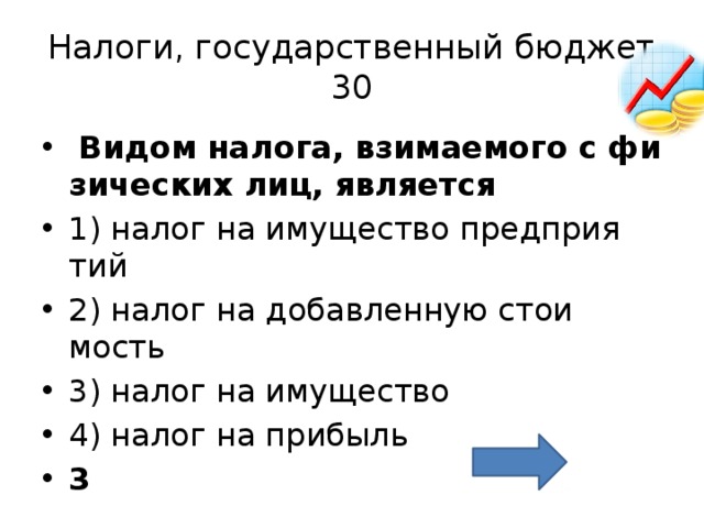 Налоги, государственный бюджет  30   Видом на­ло­га, взи­ма­е­мо­го с фи­зи­че­ских лиц, яв­ля­ет­ся  1) налог на иму­ще­ство пред­при­я­тий 2) налог на до­бав­лен­ную сто­и­мость 3) налог на иму­ще­ство 4) налог на при­быль 3   