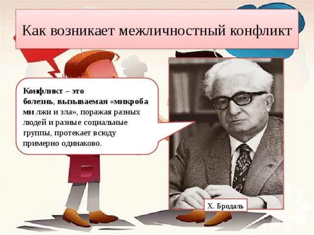 Как возникает межличностный конфликт Конфликт – это болезнь ,  вызываемая  « микробами  лжи и зла», поражая разных людей и разные социальные группы, протекает всюду примерно одинаково.  Х. Бродаль 