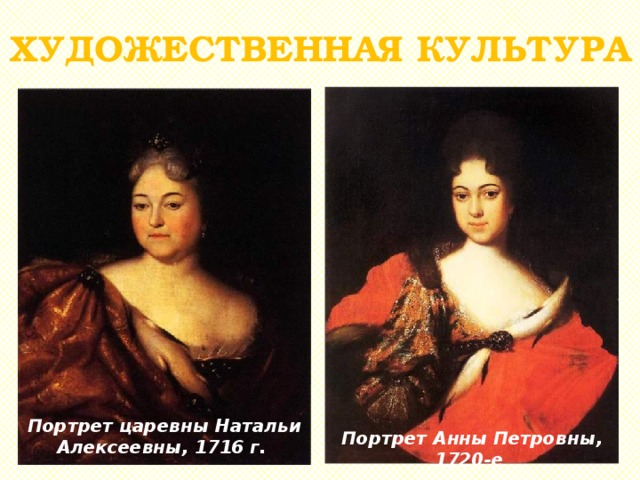ХУДОЖЕСТВЕННАЯ КУЛЬТУРА Портрет царевны Натальи Алексеевны, 1716 г. Портрет Анны Петровны, 1720-е 