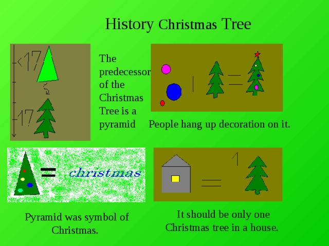 History Christmas Tree The predecessor of the Christmas Tree is a pyramid  People hang up decoration on it. I t should be only one Christmas tree in a house. Pyramid was symbol of Christmas.