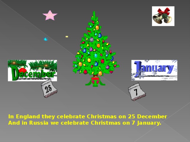 In England they celebrate Christmas on 25 December And in Russia we celebrate Christmas on 7 January. 