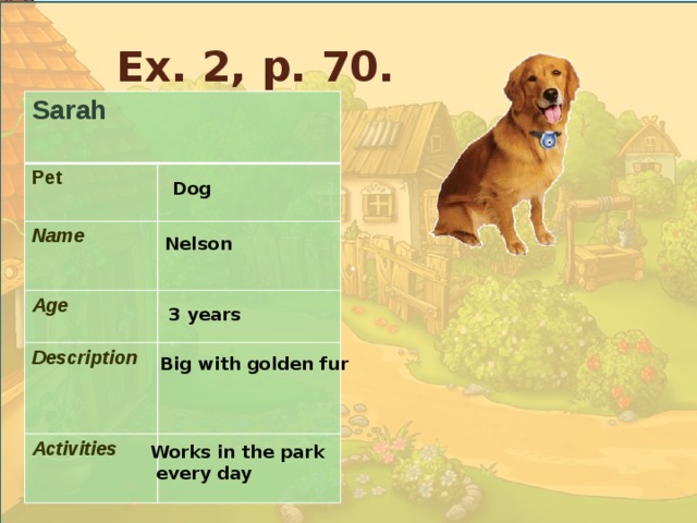 .  Ex. 2, p. 70. Sarah  Pet Name  Age  Description  Activities  Dog Nelson 3 years Big with golden fur Works in the park  every day 