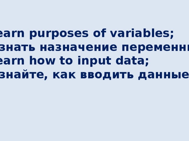 learn purposes of variables; узнать назначение переменных; learn how to input data; узнайте, как вводить данные. 