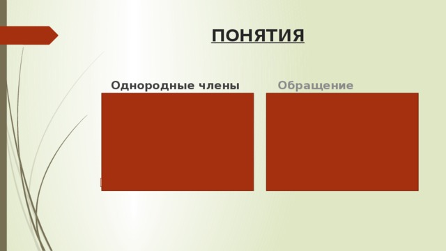 ПОНЯТИЯ Обращение Однородные члены Это тот, к кому обращаются с речью. Интонация перечисления Один вопрос Одно главное слово 
