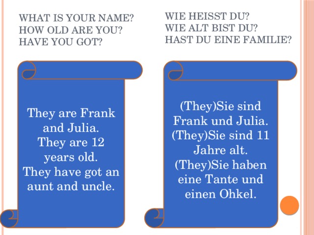 Wie heisst du? Wie alt bist du? Hast du eine Familie? What is your name? How old are you? Have you got? (They)Sie sind Frank und Julia. They are Frank and Julia. (They)Sie sind 11 Jahre alt. They are 12 years old. (They)Sie haben eine Tante und einen Ohkel. They have got an aunt and uncle. 