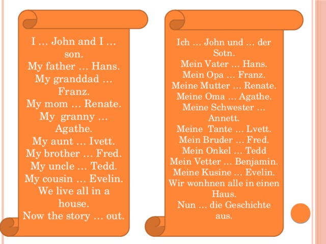 I … John and I … son. Ich … John und … der Sotn. My father … Hans. Mein Vater … Hans. Mein Opa … Franz. My granddad … Franz. My mom … Renate. Meine Mutter … Renate. Meine Oma … Agathe. My granny … Agathe. My aunt … Ivett. Meine Schwester … Annett. My brother … Fred. Meine Tante … Lvett. Mein Bruder … Fred. My uncle … Tedd. Mein Onkel … Tedd My cousin … Evelin. Mein Vetter … Benjamin. We live all in a house. Meine Kusine … Evelin. Now the story … out. Wir wonhnen alle in einen Haus. Nun … die Geschichte aus. 