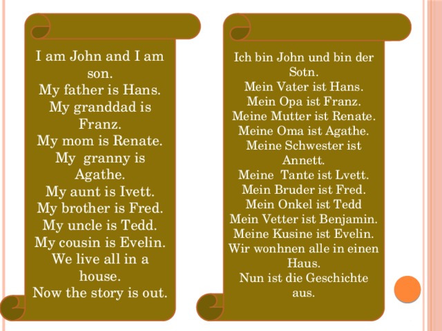 I am John and I am son. Ich bin John und bin der Sotn. My father is Hans. Mein Vater ist Hans. Mein Opa ist Franz. My granddad is Franz. My mom is Renate. Meine Mutter ist Renate. Meine Oma ist Agathe. My granny is Agathe. My aunt is Ivett. Meine Schwester ist Annett. My brother is Fred. Meine Tante ist Lvett. Mein Bruder ist Fred. My uncle is Tedd. Mein Onkel ist Tedd My cousin is Evelin. Mein Vetter ist Benjamin. We live all in a house. Meine Kusine ist Evelin. Now the story is out. Wir wonhnen alle in einen Haus. Nun ist die Geschichte aus. 