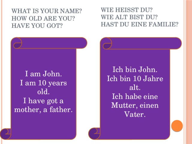 Wie heisst du? Wie alt bist du? Hast du eine Familie? What is your name? How old are you? Have you got? Ich bin John. I am John. Ich bin 10 Jahre alt. I am 10 years old. Ich habe eine Mutter, einen Vater. I have got a mother, a father. 