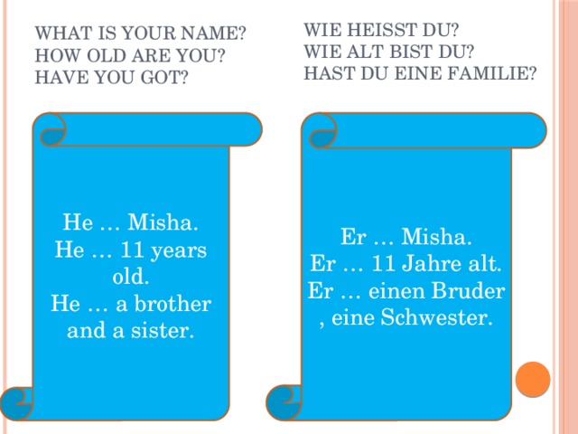 Wie heisst du? Wie alt bist du? Hast du eine Familie? What is your name? How old are you? Have you got? Er … Misha. He … Misha. Er … 11 Jahre alt. He … 11 years old. Er … einen Bruder , eine Schwester. He … a brother and a sister. 