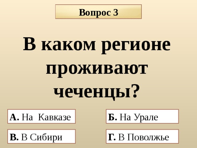 Вопрос 3 В каком регионе проживают чеченцы? А. На Кавказе  Б. На Урале В. В Сибири Г. В Поволжье